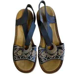 Riker Navy Boho Blue Beaded Detail Regina Heeled Sling Back Comfort Sandals S 39
